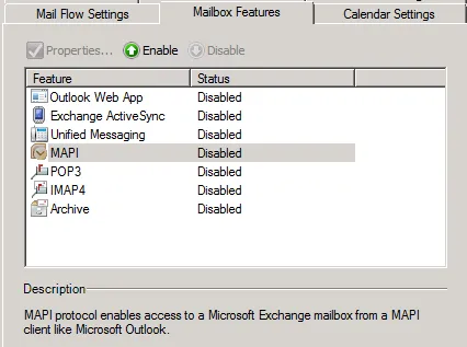 Exchange Mailbox MAPI disabled.
