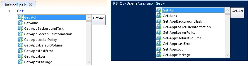 Windows PowerShell ISE Intellisense examples.