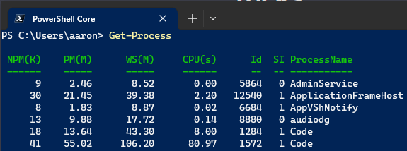 Sample output from Get-Process cmdlet.