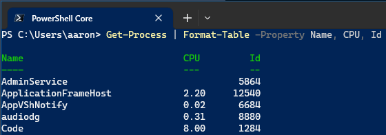 Get-Process piped to Format-Table.