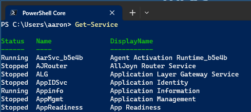 Sample output from Get-Service cmdlet.