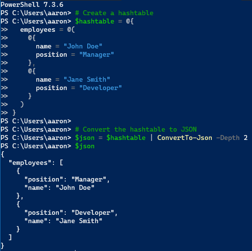 JSON example in PowerShell.