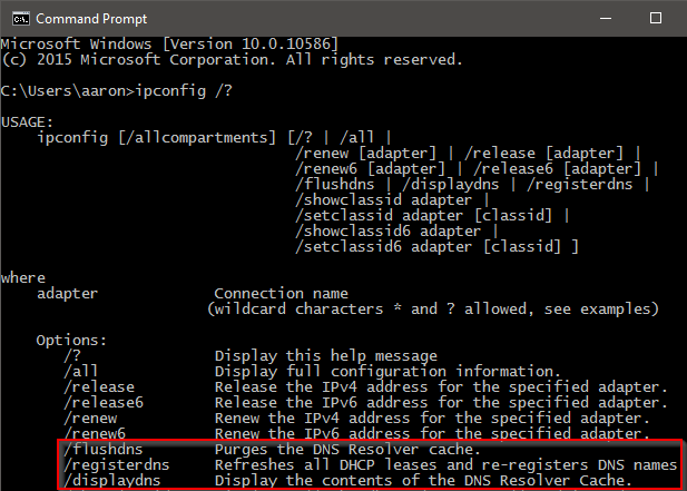 Screenshot of ipconfig DNS functions.